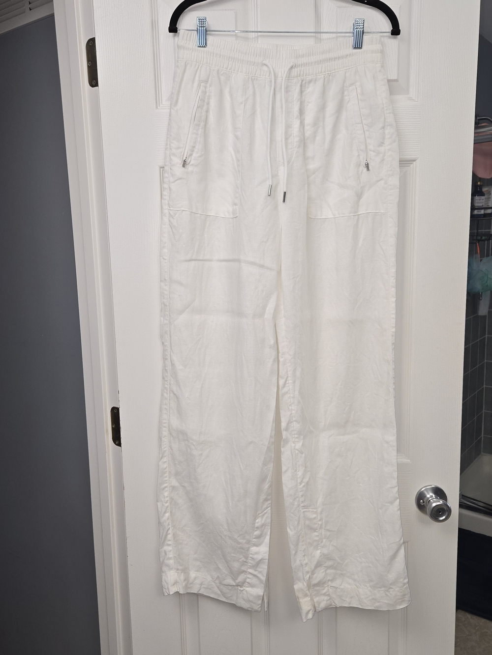 ATHLETA White 100% Linen Wide Leg Pants Elastic Drawstring Waist Size 4 Tall